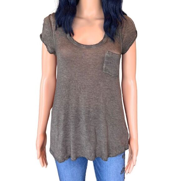 Anthropologie Labiz Washed Gray Brown Open Shoulder Pocket Tee Size Small NEW - Picture 1 of 5